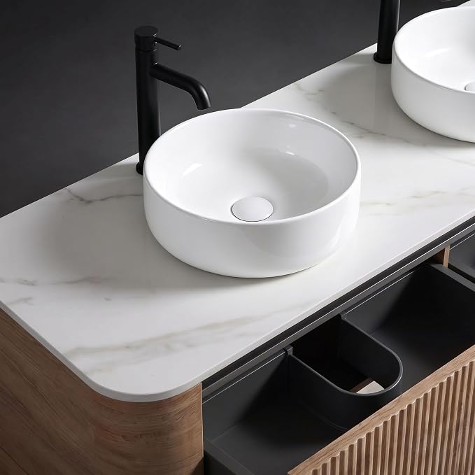 72" Preassembled Double Floating Bathroom Vanity with Round Sink, Oak | Mid-Century Modern Style, Fluted & Soft-Close Drawer with U-shaped Wall, Sinterted Stone Countertop, Towel Rack Included