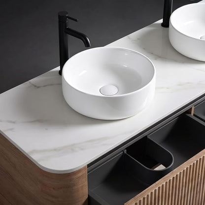 72" Preassembled Double Floating Bathroom Vanity with Round Sink, Oak | Mid-Century Modern Style, Fluted & Soft-Close Drawer with U-shaped Wall, Sinterted Stone Countertop, Towel Rack Included