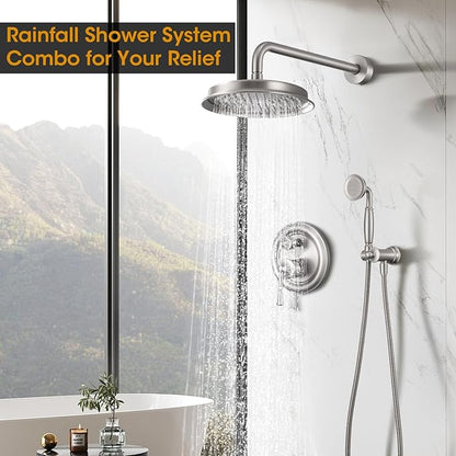 Antique Shower Head with Handheld Spray Combo, Brushed Nickel Rain Shower System with Rough-in Balance Pressure Valve, 9 inch Bathroom Luxury Rain Fall Shower Head Wall Mount Round, (B2312-BN)