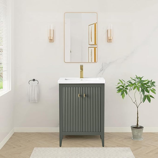 HOMEBEYOND 24" Bathroom Vanity with Ceramic Sink, Solid Wood Free-Standing Vanities Cabinet, Ceramic Top, Golden Brushed Handware & Soft Closing Door, Vintage Green