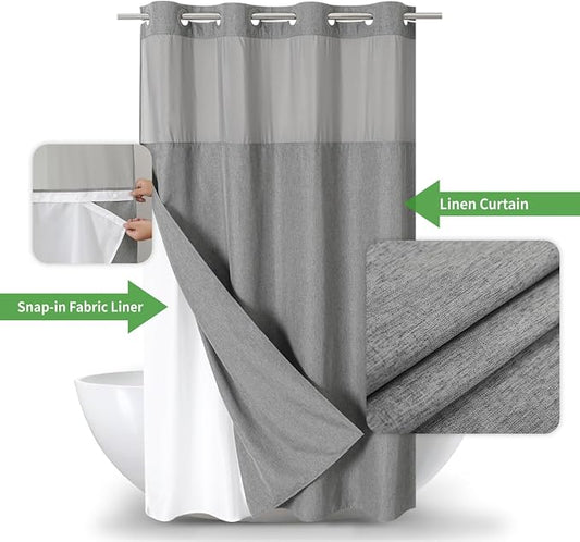 eachope No Hook Linen Texture Shower Curtain with Snap-in Liner,54x80 Grey | 230GSM Thick Fabric,Hotel Luxury Decor,Mesh Top Window,Waterproof & Machine Washable,for Shower Stall or Bathroom