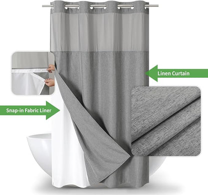 eachope No Hook Linen Texture Shower Curtain with Snap-in Liner,60x74 Grey | 230GSM Thick Fabric,Hotel Luxury Decor,Mesh Top Window,Waterproof & Machine Washable,for Shower Stall or Bathroom