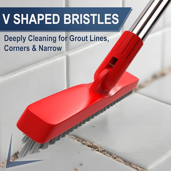 2 Pack Grout Brush with Long Handle, Swivel Cleaning Grout Line Scrubber - Extendable Durable Handle Grout Cleaner Brush for Bathroom,Tile,Baseboard,Walk in Shower,Corner & Narrow Space (Red)