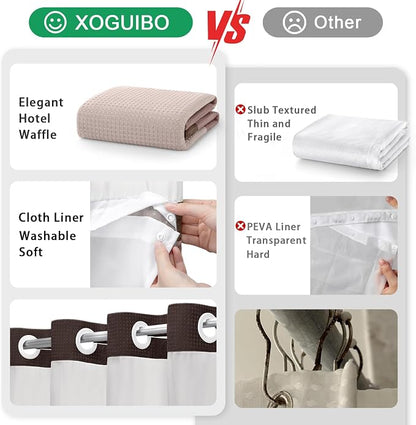 No Hook Shower Curtain with Liner Set Hotel Waffle Brown Striped 72W X 75L | Washable Snap in Fabric Liner, Mesh Top Window, Waffle Hotel Style Shower Curtain Set