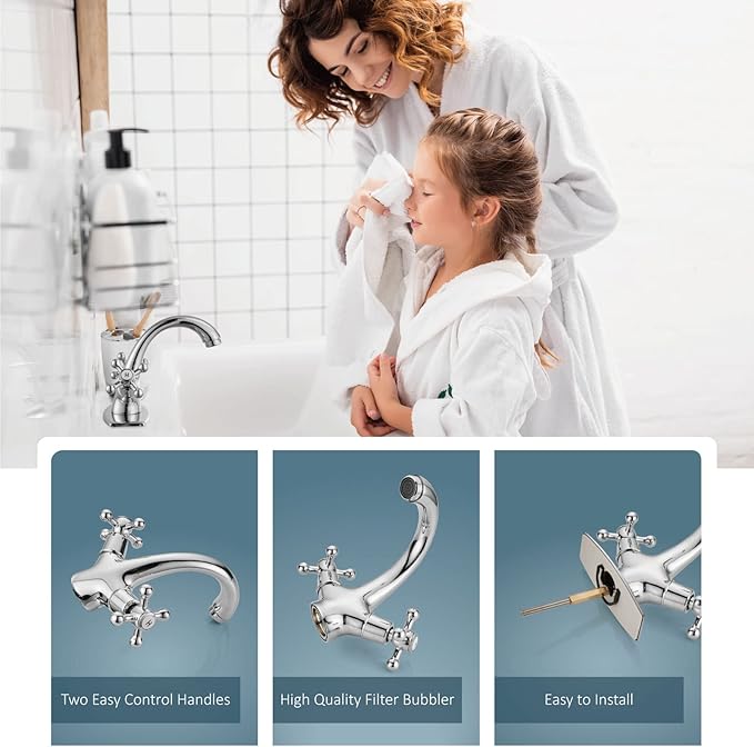 Aolemi Bathroom Sink Faucet Single Hole Cold and Hot Double Handle Cross Knobs Vanity Vessel Sink Basin Mixer Tap with Deck Cover Plate Without Pop Up Drain Polish Chrome