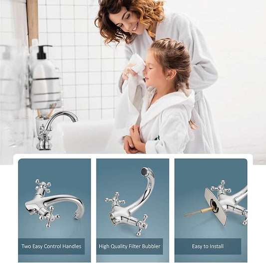 Aolemi Bathroom Sink Faucet Single Hole Cold and Hot Double Handle Cross Knobs Vanity Vessel Sink Basin Mixer Tap with Deck Cover Plate Without Pop Up Drain Polish Chrome