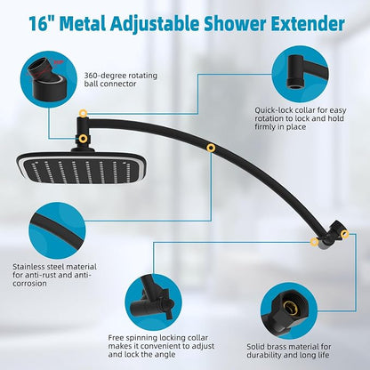 10" Rain Shower Head with 16" Metal Extension Arm, High-Pressure Showerhead | Black, Boosting Rainfall/Fixed Showerhead, Stainless Steel Shower Extender Adjustable Height/Angle, Easy 1-Min Installation