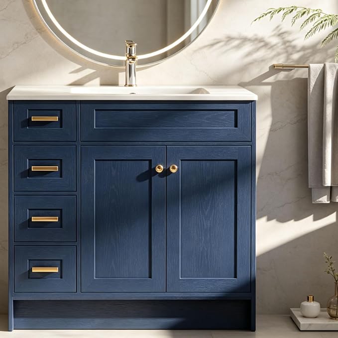 Blue Bathroom Vanity with Sink 36inch | 2 Doors and 4 Drawers | Wood Storage Basin Cabinet with Ceramic Basin for Home and Office