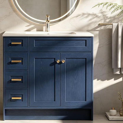 Blue Bathroom Vanity with Sink 36inch | 2 Doors and 4 Drawers | Wood Storage Basin Cabinet with Ceramic Basin for Home and Office