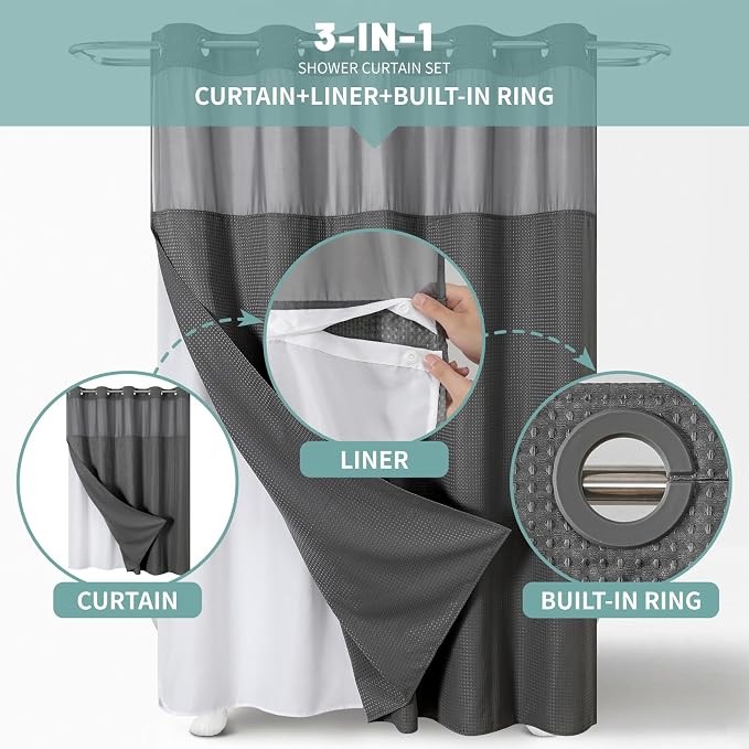 No Hook Waffle Shower Curtain with Snap-in Liner, 71x80 Inch, Charcoal | 230 GSM waffle weave fabric, waterproof liner set with 2 bottom magnets, mesh top window, washable, for bathroom or hotel use