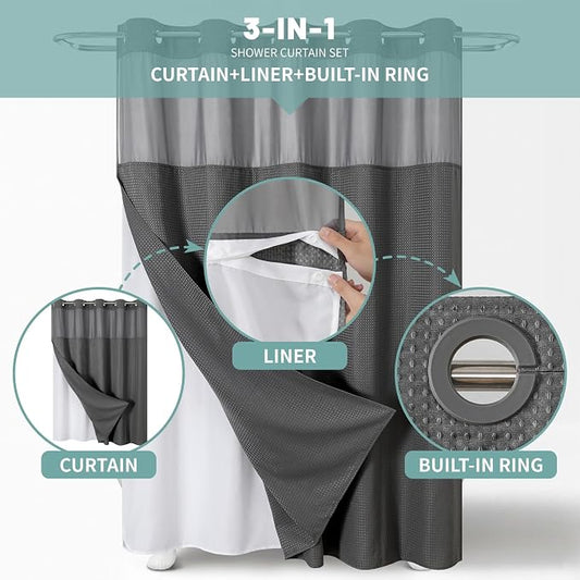 No Hook Waffle Shower Curtain with Snap-in Liner, 71x77 Inch, Charcoal | 230 GSM waffle weave fabric, waterproof liner set with 2 bottom magnets, mesh top window, washable, for bathroom or hotel use
