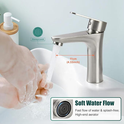 Heyalan Bathroom Faucet Single Handle 1 Hole SUS304 Stainless Steel Deck Mount Lavatory Single Switch Basin Sink Faucet with Pop Up Drain and Hot and Cold Water Mixer Brushed Nickle