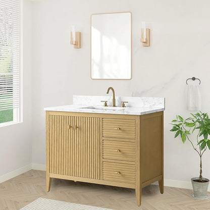 HOMEBEYOND 42" Bathroom Vanity with Sink, Solid Wood Bathroom Vanity Free-Standing Cabinet, Drawers, Ceramic Top & Soft Closing Door, Golden Brushed Handware, Natural Oak