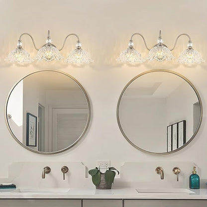 Brushed Nickel 3-Light Bathroom Vanity Light with Floral Clear Glass Shades, Brushed Nickel Wall Mount Lighting for Bathroom, Dressing Table