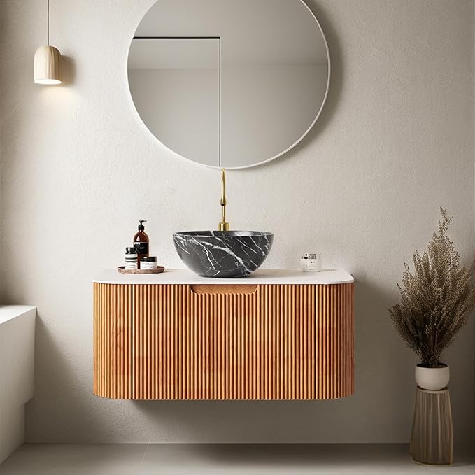 30 inch Bathroom Vanity with Sink, Floating Vanities with Ultra-Thin Marble Ceramic Basin and Countertop, Extra Large Storage Drawer, Soft-Close Design, Pre-Assembled Cabinet, Nature Wood with Black