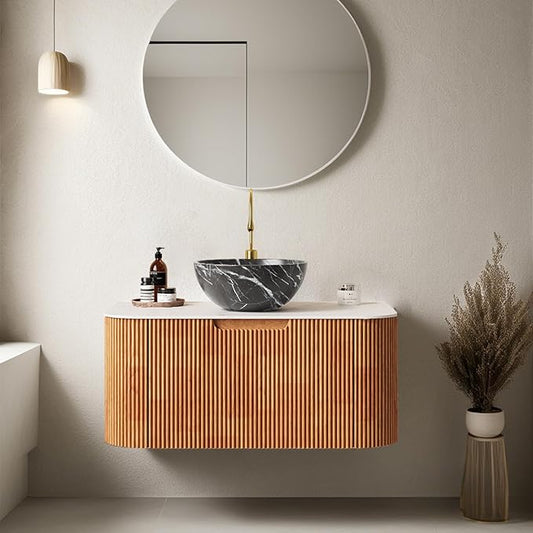 30 inch Bathroom Vanity with Sink, Floating Vanities with Ultra-Thin Marble Ceramic Basin and Countertop, Extra Large Storage Drawer, Soft-Close Design, Pre-Assembled Cabinet, Nature Wood with Black