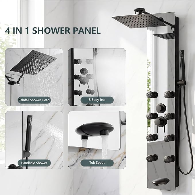 Shower Panel - Adjustable Rainfall Head, Black | Stainless Steel and Glass, Multifunction Shower Panels Tower System, Handheld Shower 2-Setting Body Jets, Tub Spout