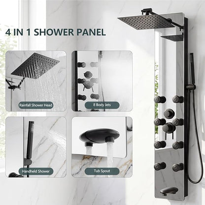 Shower Panel - Adjustable Rainfall Head, Black | Stainless Steel and Glass, Multifunction Shower Panels Tower System, Handheld Shower 2-Setting Body Jets, Tub Spout