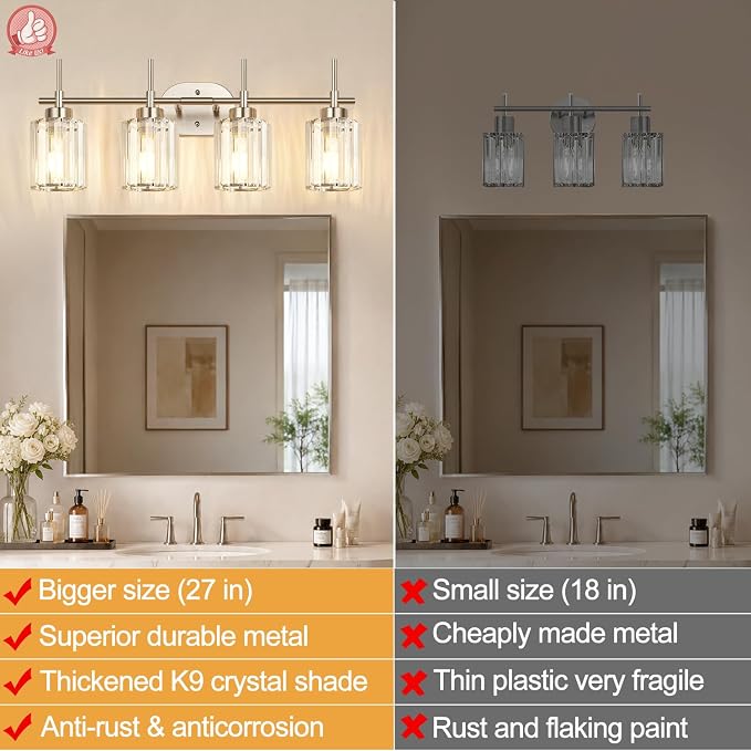 Modern Crystal Vanity Light Fixtures, 4-Light Brushed Nickel Bathroom Vanity Lighting Over Mirror, Bathroom Light Fixture with K9 Clear Crystal Shades for Bedroom, Living Room, Hallway