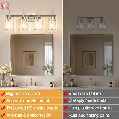 Modern Crystal Vanity Light Fixtures, 4-Light Brushed Nickel Bathroom Vanity Lighting Over Mirror, Bathroom Light Fixture with K9 Clear Crystal Shades for Bedroom, Living Room, Hallway