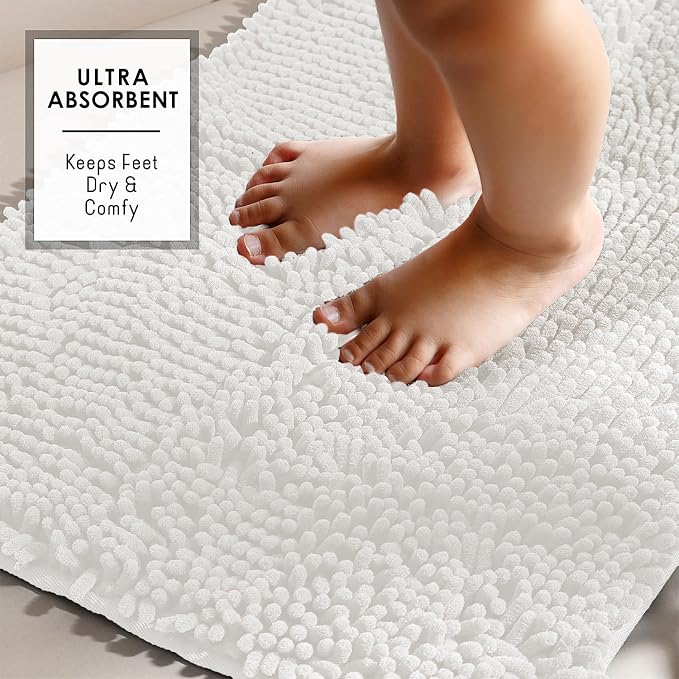 Hearth & Harbor Bathroom Rugs, Chenille Bath Mat - Machine Washable Bath Mats for Bathroom Non-Slip Backing Rubber, Quick Dry Bathroom Mat - Off-White Bath Rug, 17x24