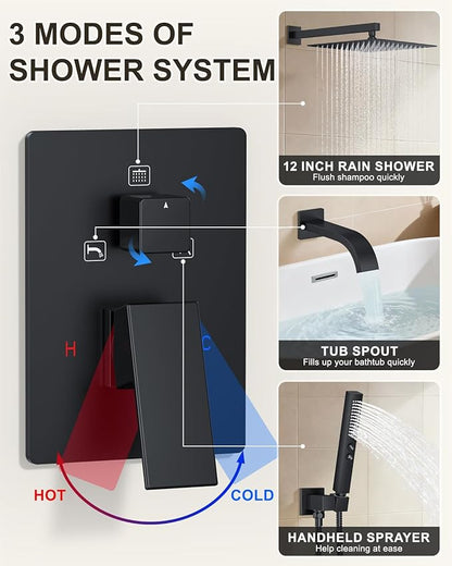 Shower System with Tub Spout, Wall Mounted Bathtub Shower Faucet Set, 12" Rainfall Shower Head and Handheld Shower Combo, High Pressure Shower Fixtures Set with Rough-in Valve, Matte Black