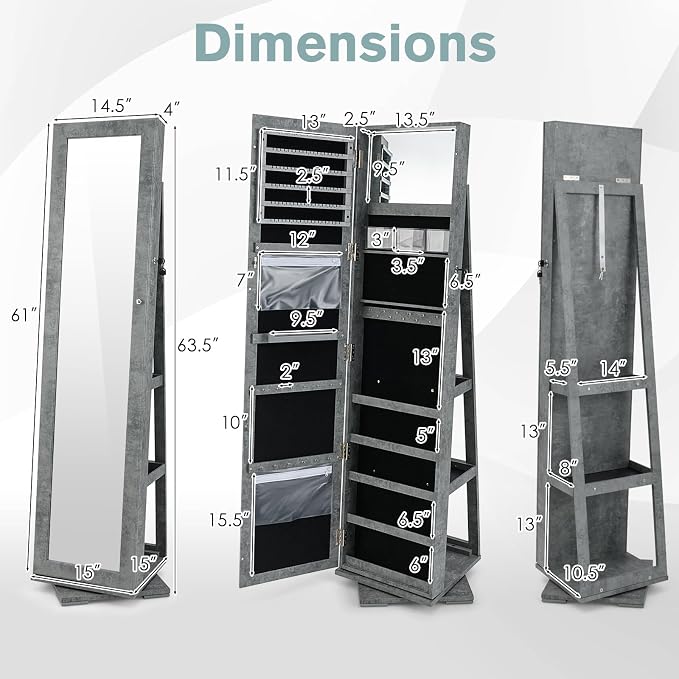 COSTWAY 360 Rotating Jewelry Armoire Cabinet, Standing Jewelry Organizer w/Full-Length Mirror & Large Storage Space, Lockable Mirror Jewelry Cabinet for Girls Women (Marble Grey)