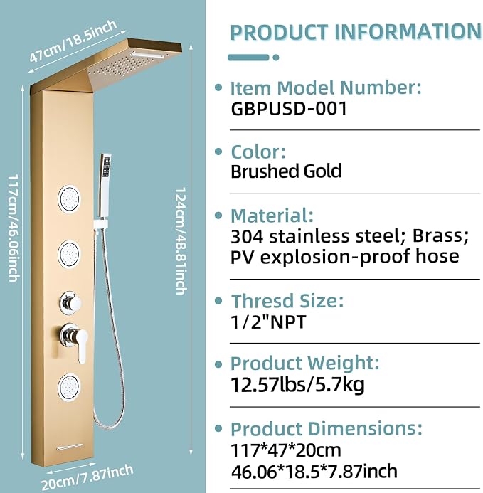 5-In-1Shower Panel Tower System-Brushed Gold | 304 stainless steel Shower Panel Column Tower With Powerful Body Jets,Body Spray,Rainfall,Waterfall,Handheld And Tub Spout