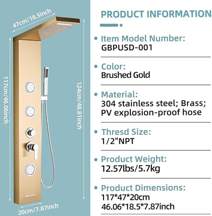 5-In-1Shower Panel Tower System-Brushed Gold | 304 stainless steel Shower Panel Column Tower With Powerful Body Jets,Body Spray,Rainfall,Waterfall,Handheld And Tub Spout