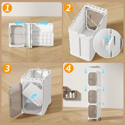4 Tier Slim Bathroom Storage Cabinet, Foldable and Movable, White | Tools Free, ABS and PET, Magnetic Clear Door, Adjustable Shelves, Lockable Wheels, Water Resistant, For Narrow Space