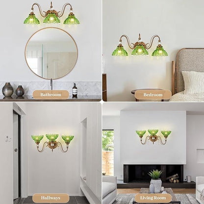 Vintage Bathroom Vanity Light, 3-Light Matte Antique Brass Finish Wall Sconce with Hanging Crystal Accents and Flower-Shaped Green Glass Shades, Retro Wall Mount Vanity Light Over Mirror for Bathroom