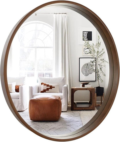 Circle Mirror with Wood Frame, 28" Round Modern Decoration Large Home Decor Mirror for Bathroom Living Room Bedroom Entryway (28" Diameter, Walnut)