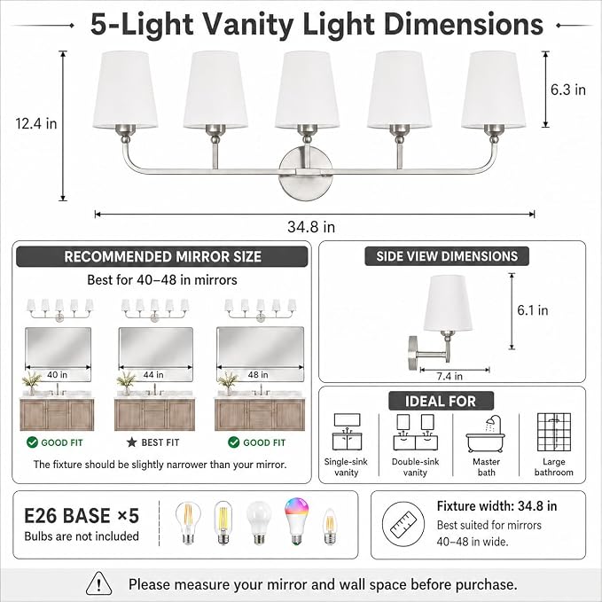 Bathroom Vanity Light Brushed Nickel Bathroom Lighting Fixtures Over Mirror | 5-Light Bathroom Light Fixtures with Flared White Fabric Shade, E26 Socket (ETL Listed)