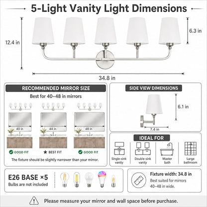 Bathroom Vanity Light Brushed Nickel Bathroom Lighting Fixtures Over Mirror | 5-Light Bathroom Light Fixtures with Flared White Fabric Shade, E26 Socket (ETL Listed)