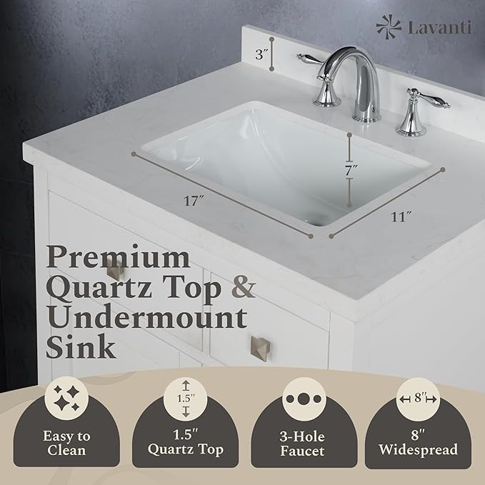 Lavanti Oakford 30 Inch Bathroom Vanity with Sink – Stylish White Vanity Bathroom with Storage Cabinet – Modern Bathroom Vanities with Single Vanity Sink & Quartz Countertop