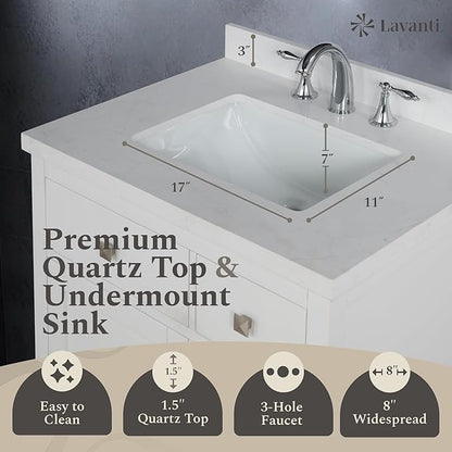 Lavanti Oakford 30 Inch Bathroom Vanity with Sink – Stylish White Vanity Bathroom with Storage Cabinet – Modern Bathroom Vanities with Single Vanity Sink & Quartz Countertop