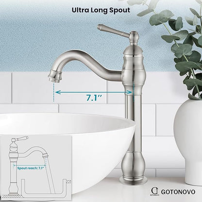 gotonovo Vessel Sink Faucet 360° Swivel Spout Single Handle Tall Bathroom Faucet 1 Hole Farmhouse Lavatory Washbasin Mixer Tap Matching Supply Hoses, Without Pop Up Drain, Brushed Nickel