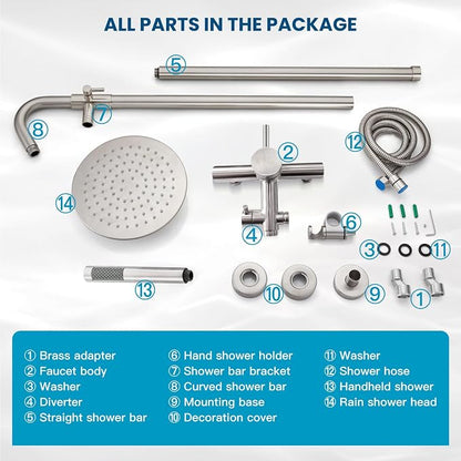 gotonovo 304 Stainless Steel Outdoor Shower Fixtures Exposed,Brushed Nickel | 8 Inch Rain Showerhead with Handheld Sprayer Outdoor Outside Shower Kit System Faucet Head Valve Wall Mount for Pool Backyard