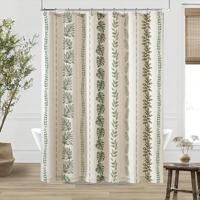 ORTIGIA Linen Shower Curtain with Metal Hooks,Sage Green Leaf Botanical Waterproof Natural Linen Bath Curtain for Rustic Farmhouse Bathroom Decor 72x72 Inch