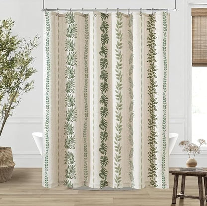 ORTIGIA Linen Shower Curtain with Metal Hooks,Sage Green Leaf Botanical Waterproof Natural Linen Bath Curtain for Rustic Farmhouse Bathroom Decor 72x72 Inch