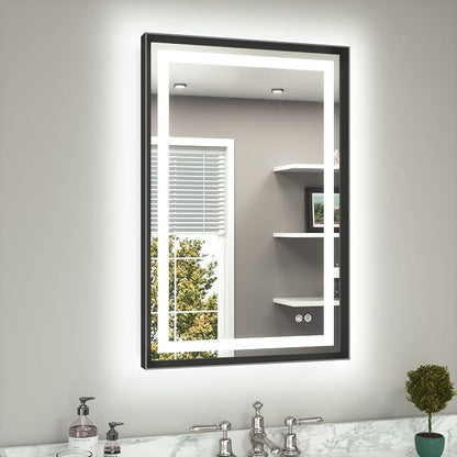 24 x 36 Bathroom LED Mirror Brushed Black Metal Frame Frontlit & Backlit Vanity Mirror Anti-Fog Stepless Dimmable 3 Colors White/Warm/Natural Mirror with Lights Wall-Mounted