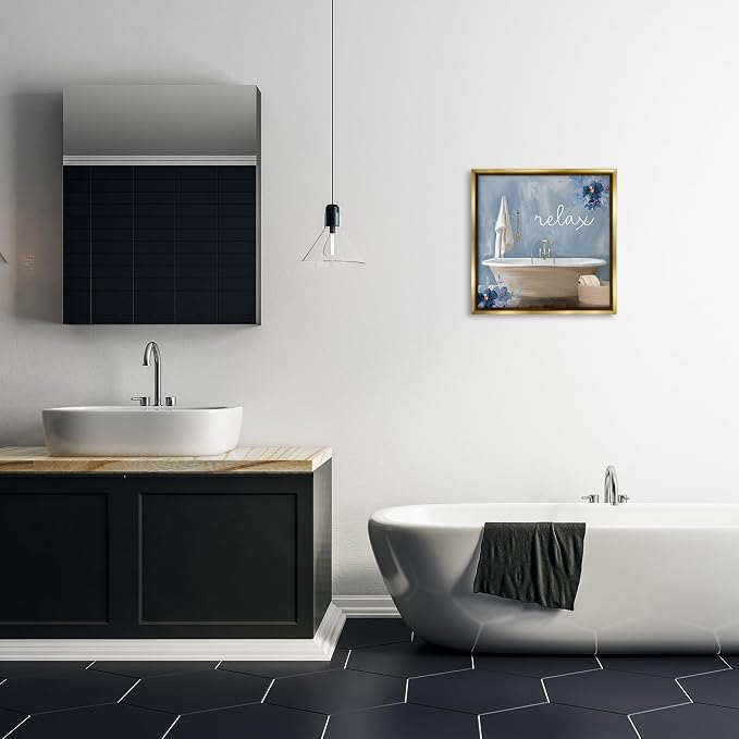 Blue Floral Bathroom Relax Scene, 17 x 17 Inch Canvas in Floater Frame | Stupell Industries · By Kim Allen · Ready to hang · Perfect for bath or laundry decor · Made in USA