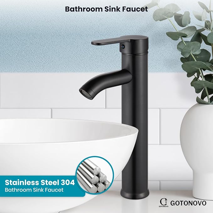 gotonovo Modern Vessel Sink Faucet with ABS Pop Up Drain, Oil Rubbed Bronze | Modern Tall Bathroom Faucet 1 Hole Single Handle Round Body, cUPC Water Supply Hoses, Basin Mixer Tap for Vanity Lavatory Rv