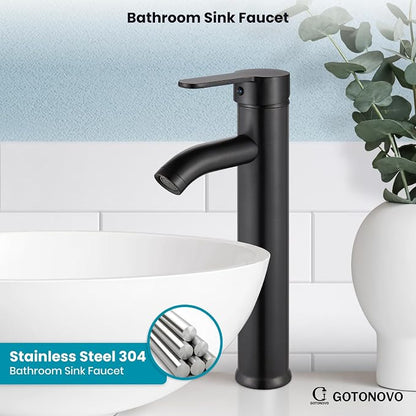 gotonovo Modern Vessel Sink Faucet with ABS Pop Up Drain, Oil Rubbed Bronze | Modern Tall Bathroom Faucet 1 Hole Single Handle Round Body, cUPC Water Supply Hoses, Basin Mixer Tap for Vanity Lavatory Rv