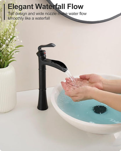 Black Waterfall Tall Bathroom Faucet Single Hole, Brass Bathroom Vessel Sink Faucet Single Handle with Pop-Up Drain & Pre-Installed Hoses, No Noise