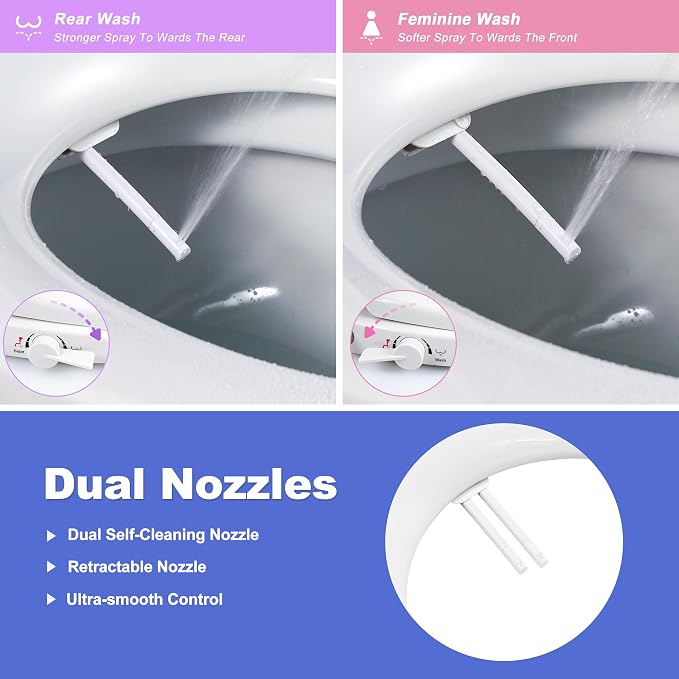 Non-Electric Toilet Seat with Bidet Fits Elongated Toilets | Self-Cleaning Dual Nozzle System for Front&Rear Wash,Adjustable Water Pressure,Quiet&Slow Close Toilet Seat&Lid,Non Loosening