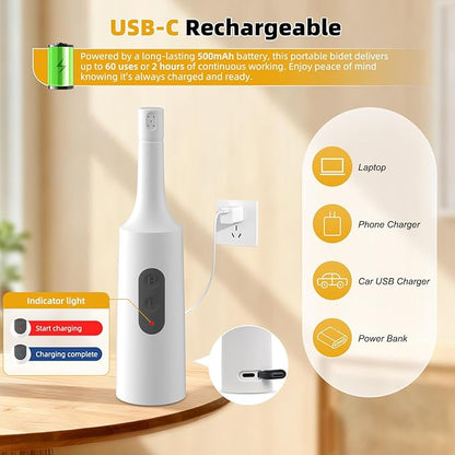 Hibbent Portable Bidet for Travel, High Pressure Electric Handheld Bidet Sprayer, 350-550ML Expandable Bottle for Personal Hygiene, USB-C Rechargeable Waterproof, Travel Sprayer for Women & Men, White