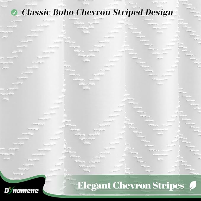 Boho Farmhouse Fabric Shower Curtain Tufted Chevron 72"x72" White | Elegant Tassel, Soft Lightweight Textured Cloth, Water Repellent, Washable, Hotel Spa, for Bathroom/Dorm/Apartment 12 Hooks
