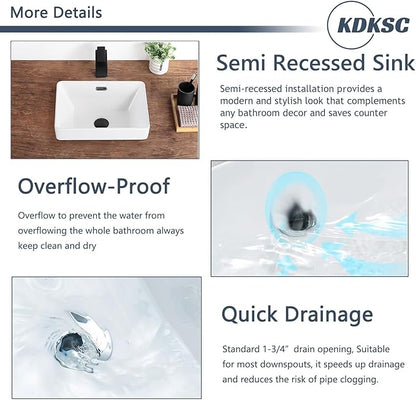 Bathroom Vessel Sink 15.5'' x 11.9'' Small Semi Recessed Bathroom Sink Rectangular Drop In Sink with Overflow White Ceramic Modern Vessel Sinks for Bathroom