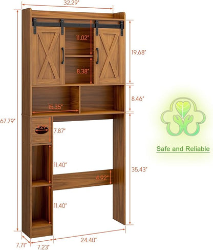 Vabches Over The Toilet Storage Cabinet with Sliding Doors, Caramel | Farmhouse Storage Cabinet Over Toilet, Home Space-Saving Toilet Rack, Toilet Paper Holder Stand,for Restroom,Bathroom,Laundry